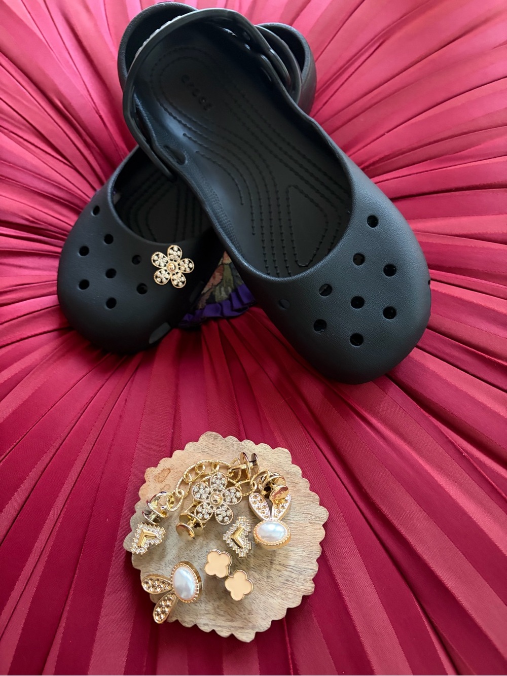 Black Women’s Slip-On Clogs with Gold Floral Charm